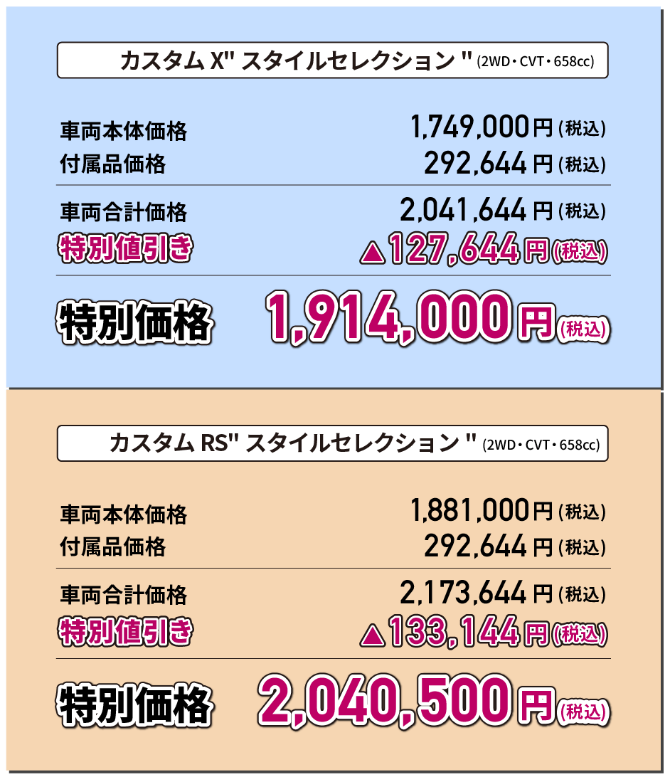 カスタムX"セレクション"(2WD・CVT・658cc) 特別価格1,903,000円(税込) カスタムRS"セレクション"(2WD・CVT・658cc) 特別価格2,035,000円(税込)